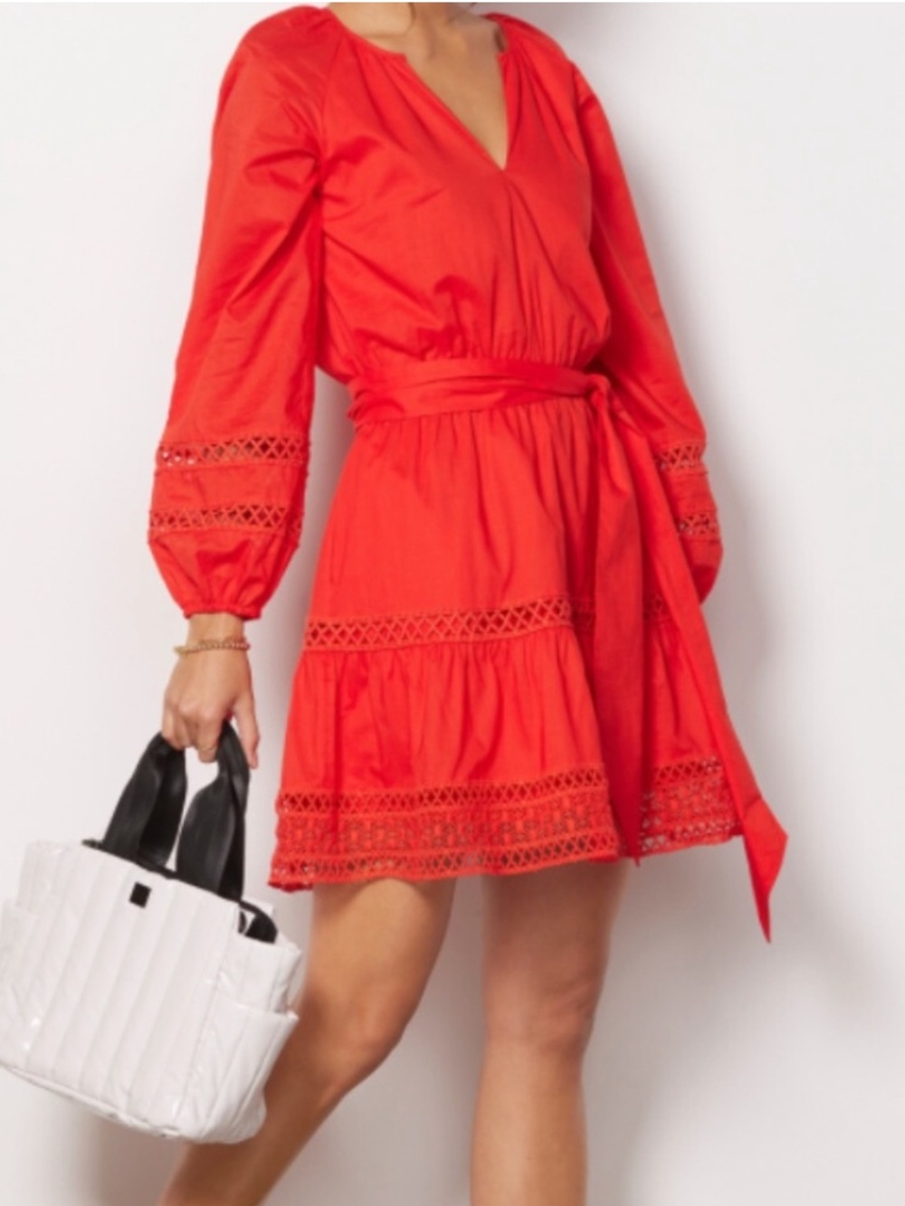 Evereve Red V-Neck Lace-Insert Tie-Waist Long Sleeve Dress Size XS